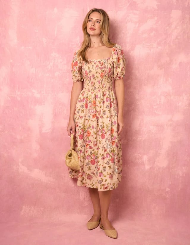 Blue Vanilla Milkmaid Floral Puff Sleeve Shirred Midi Dress - 2