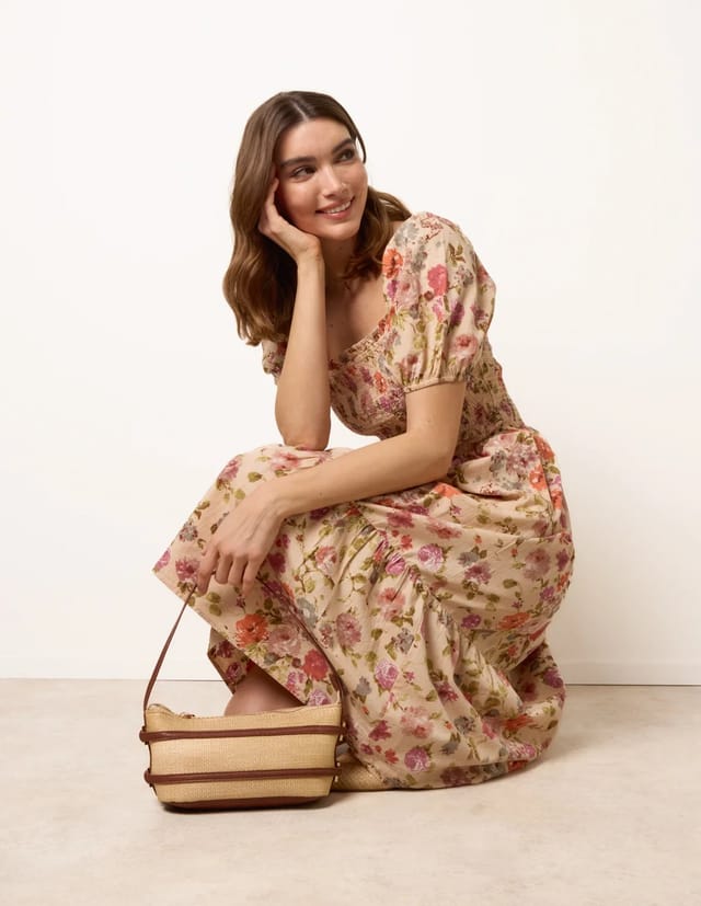 Blue Vanilla Milkmaid Floral Puff Sleeve Shirred Midi Dress - 3