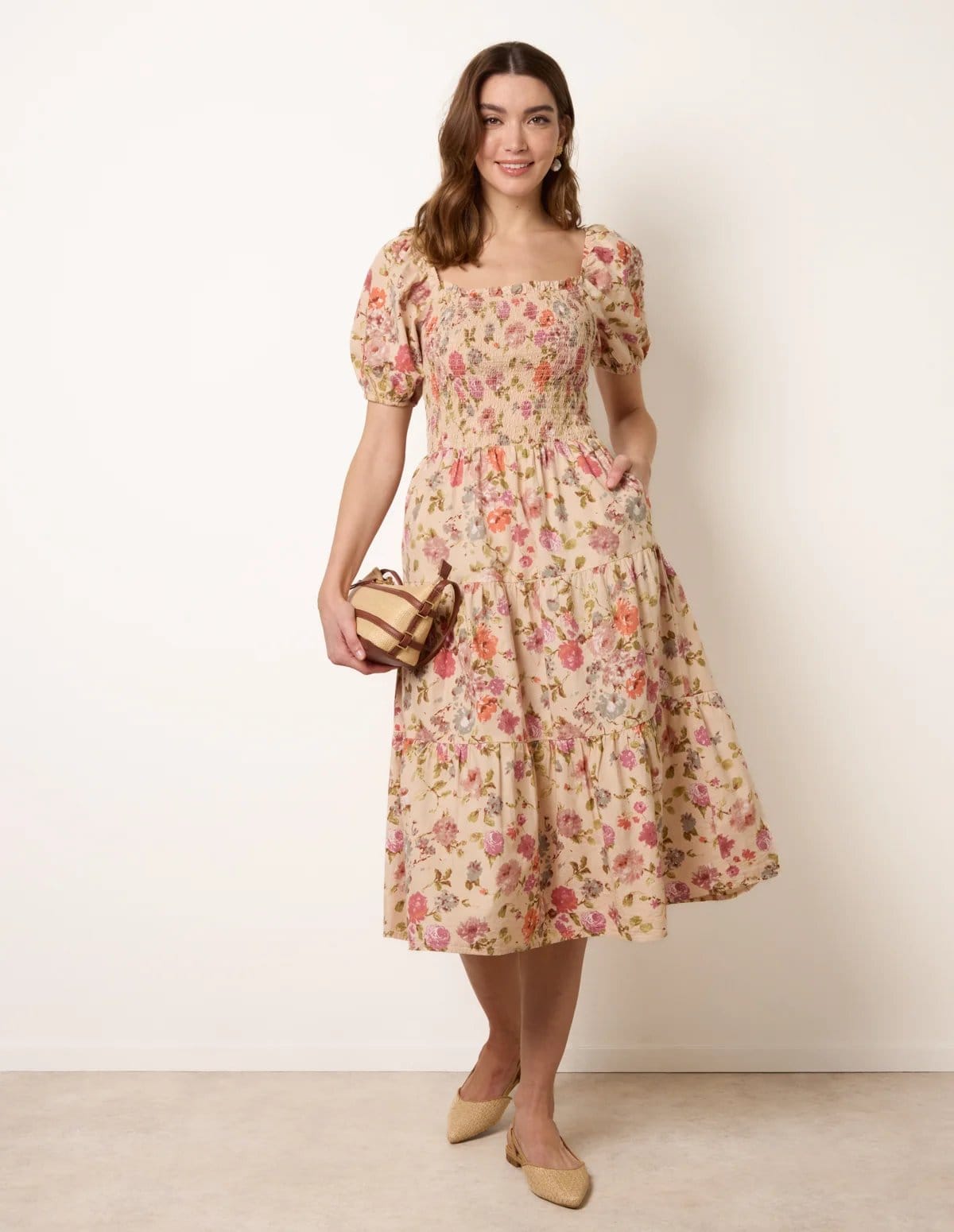 Blue Vanilla Milkmaid Floral Puff Sleeve Shirred Midi Dress - 4