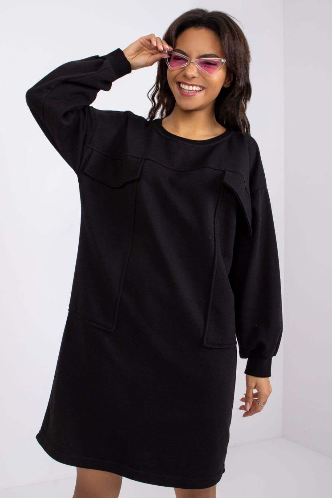 Love Lace Love Lace Women's Loose Fit Long Sleeve Daydress Pockets in Black