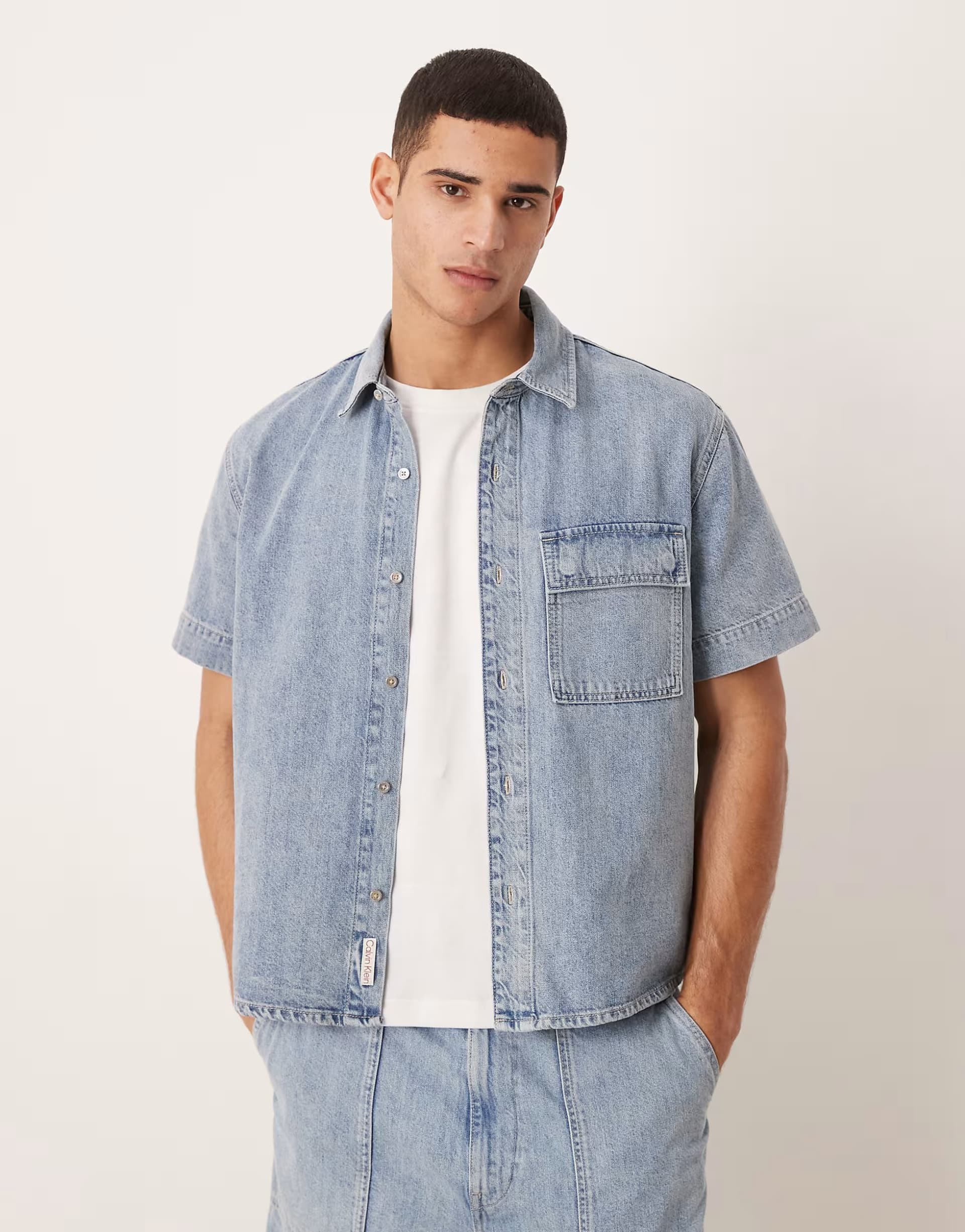 ASOS Calvin Klein Jeans short sleeve linen mix denim shirt co-ord in light wash blue