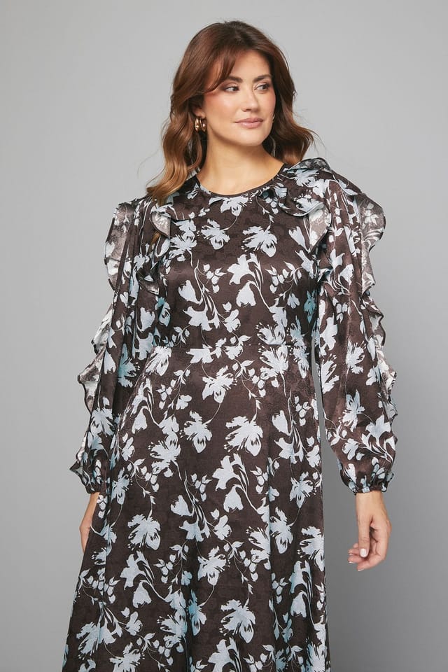 Wallis Wallis Women's Floral Satin Jacquard Ruffle Midi Dress in Chocolate - 2