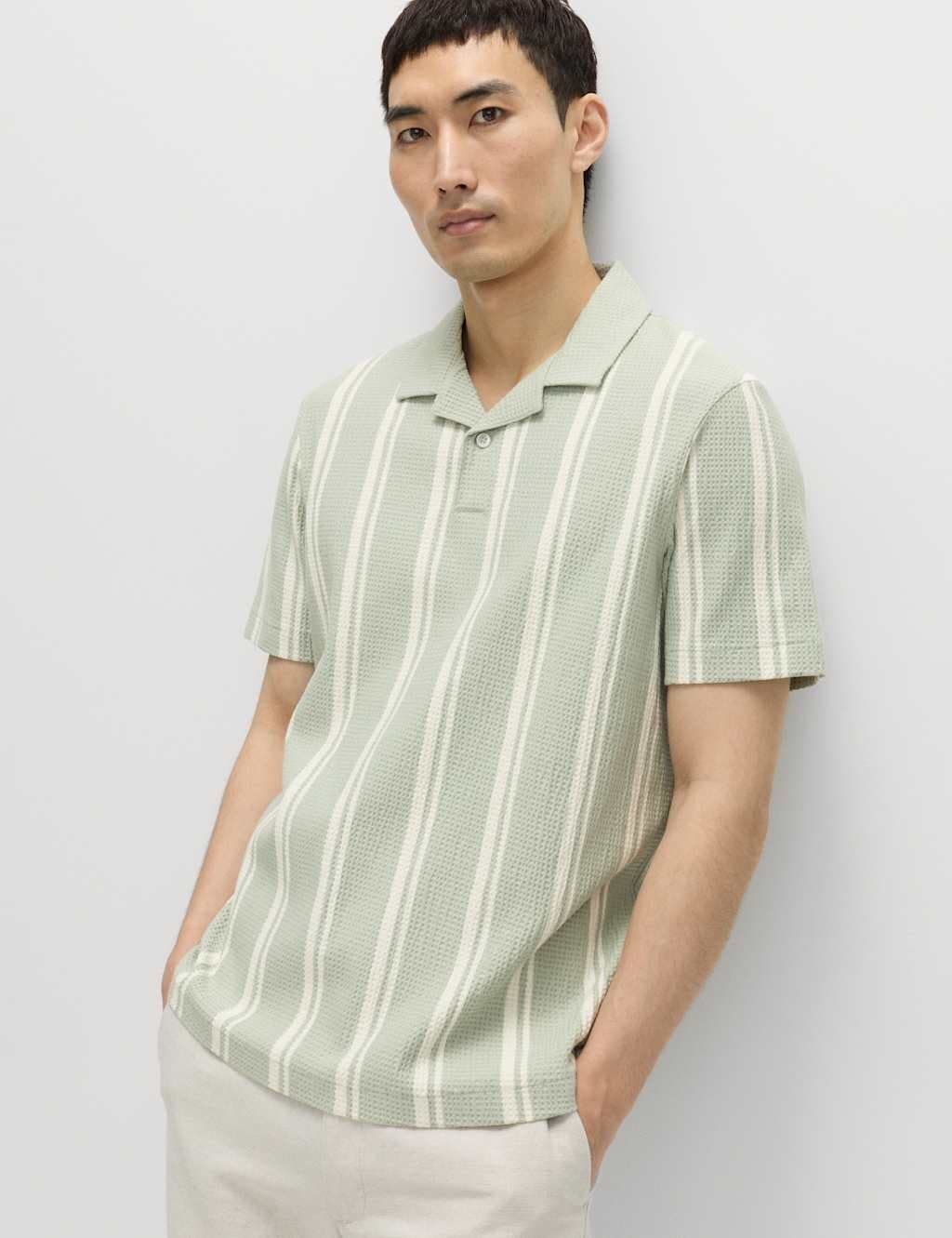 Marks & Spencer M&S Cotton Rich Striped Seersucker Polo Shirt Pistachio
