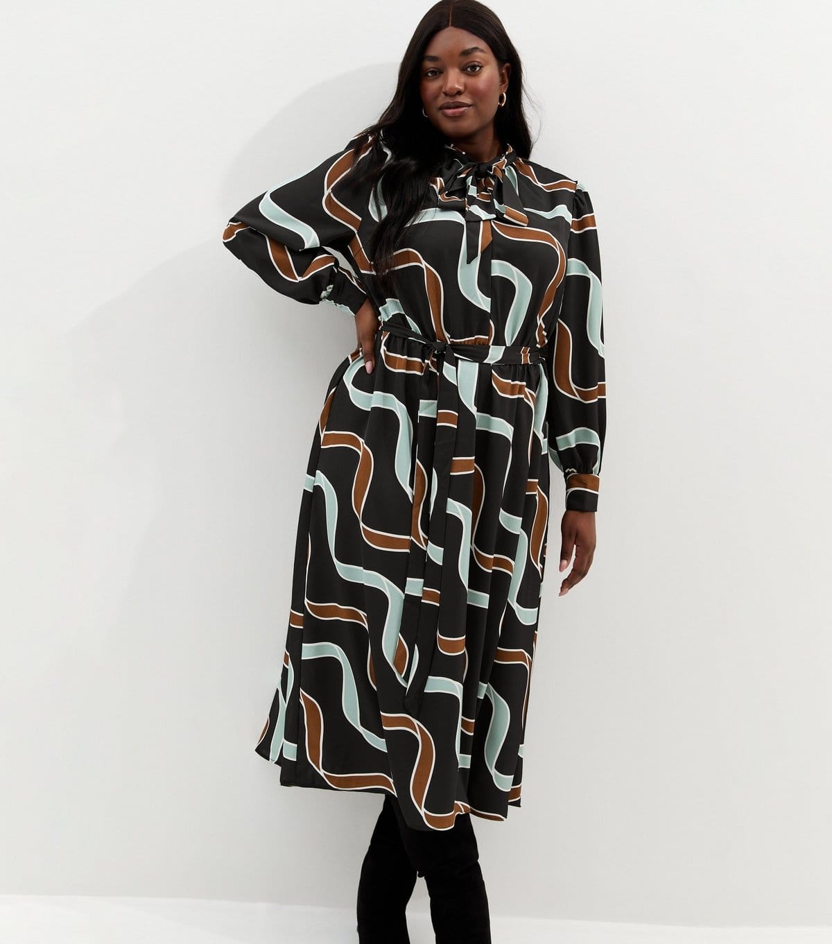 New Look Plus Size Blue and Brown Ribbon Midi Dress