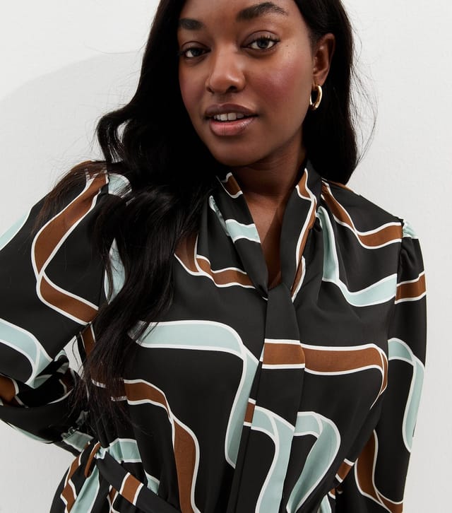 New Look Women's Plus Size Blue and Brown Ribbon Long Sleeve Pussybow Midi Dress Curves New Look - 2