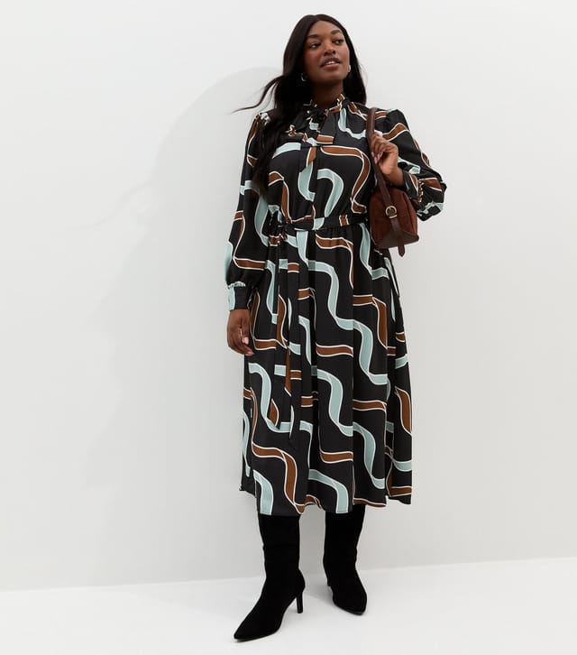 New Look Women's Plus Size Blue and Brown Ribbon Long Sleeve Pussybow Midi Dress Curves New Look - 3