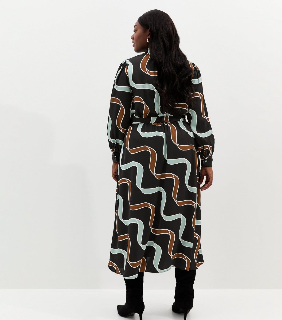 New Look Women's Plus Size Blue and Brown Ribbon Long Sleeve Pussybow Midi Dress Curves New Look - 4