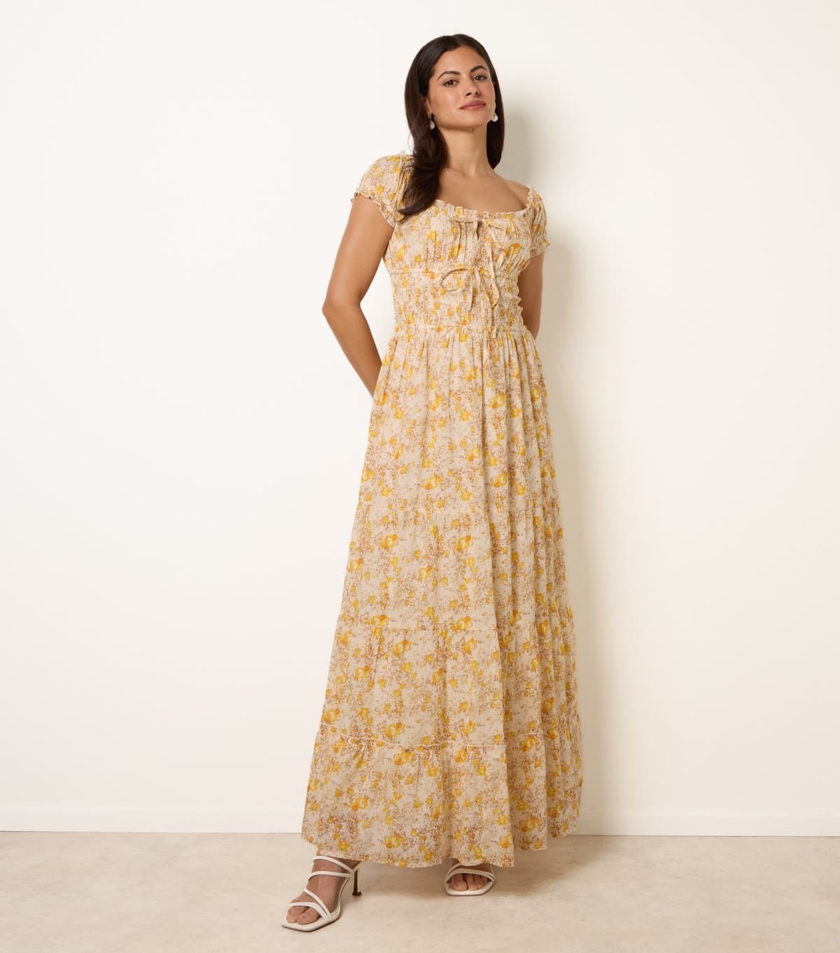 Blue Vanilla Women's Yellow Floral Print Tie Front Maxi Dress Blue Vanilla New Look