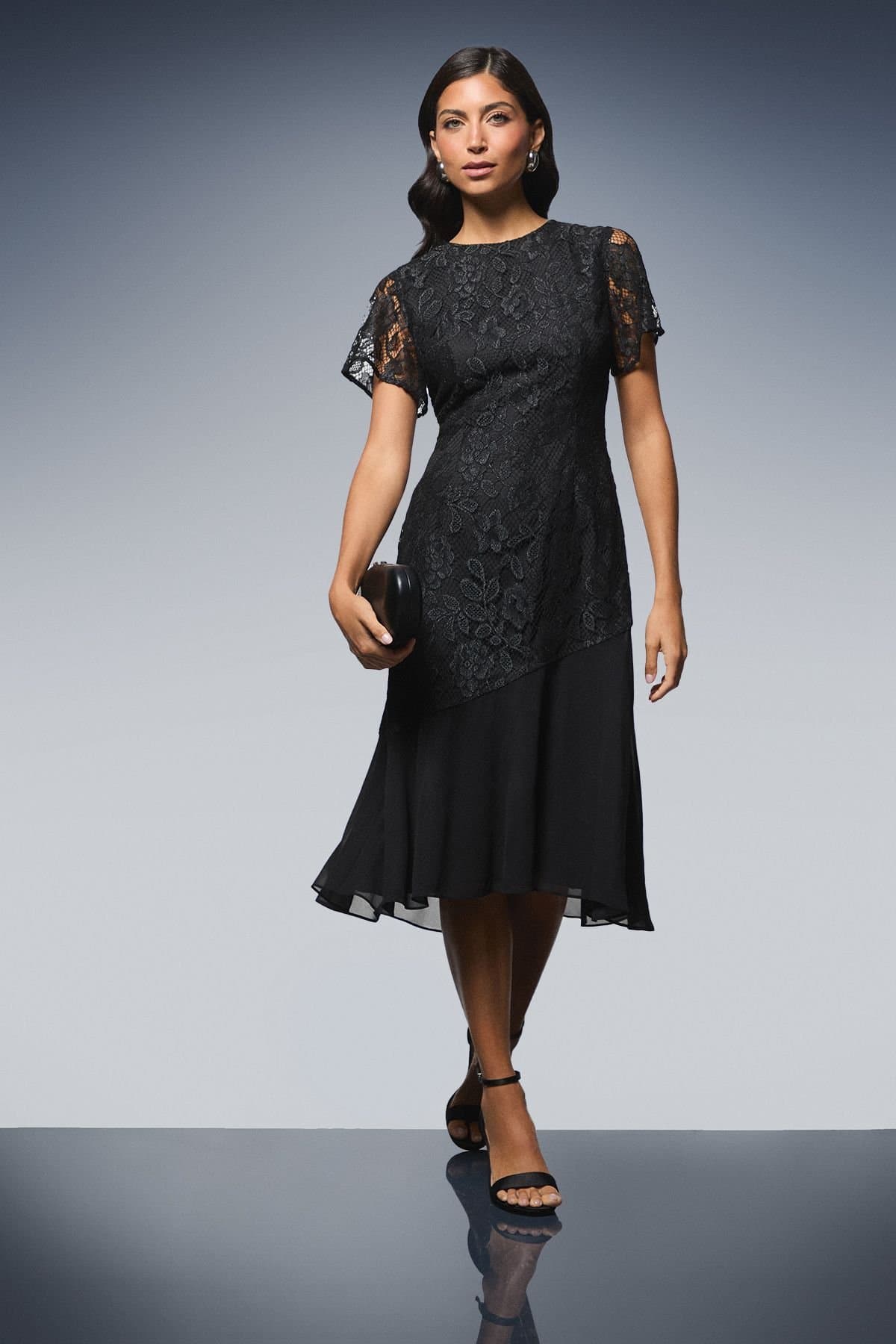Wallis Wallis Women's Lace Asymmetric Midi Dress in Black