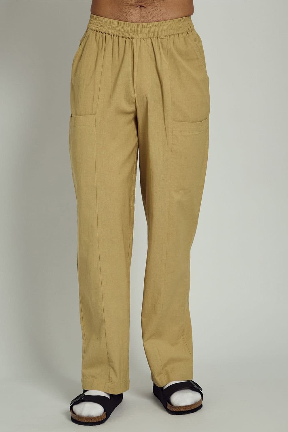 Native Youth Native Youth Men's Cotton Linen Blend Straight-Leg Elasticated Trousers in Khaki
