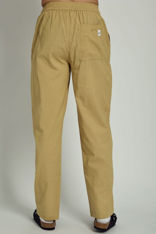 Native Youth Native Youth Men's Cotton Linen Blend Straight-Leg Elasticated Trousers in Khaki - 2