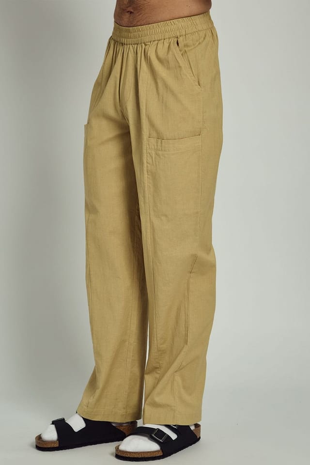 Native Youth Native Youth Men's Cotton Linen Blend Straight-Leg Elasticated Trousers in Khaki - 3