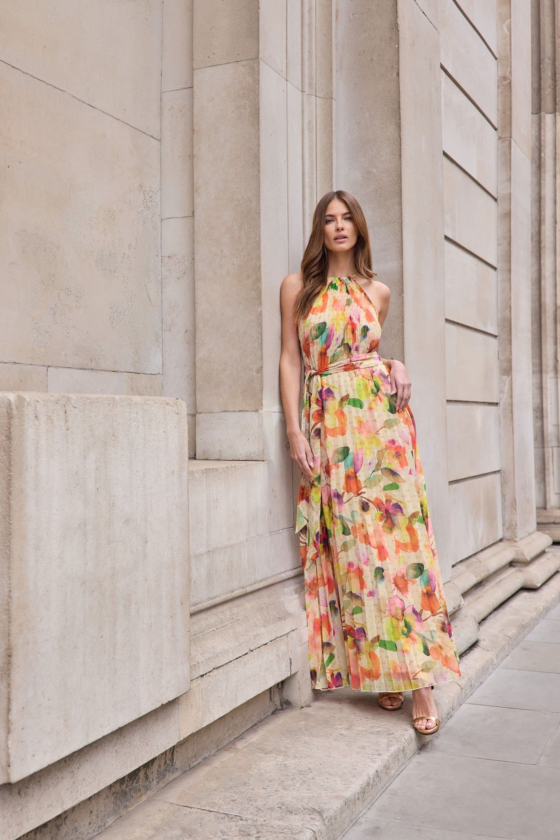 Star by Julien Macdonald Star by Julien Macdonald Women's Abstract Pleated Halter Neck Maxi Dress in Natural