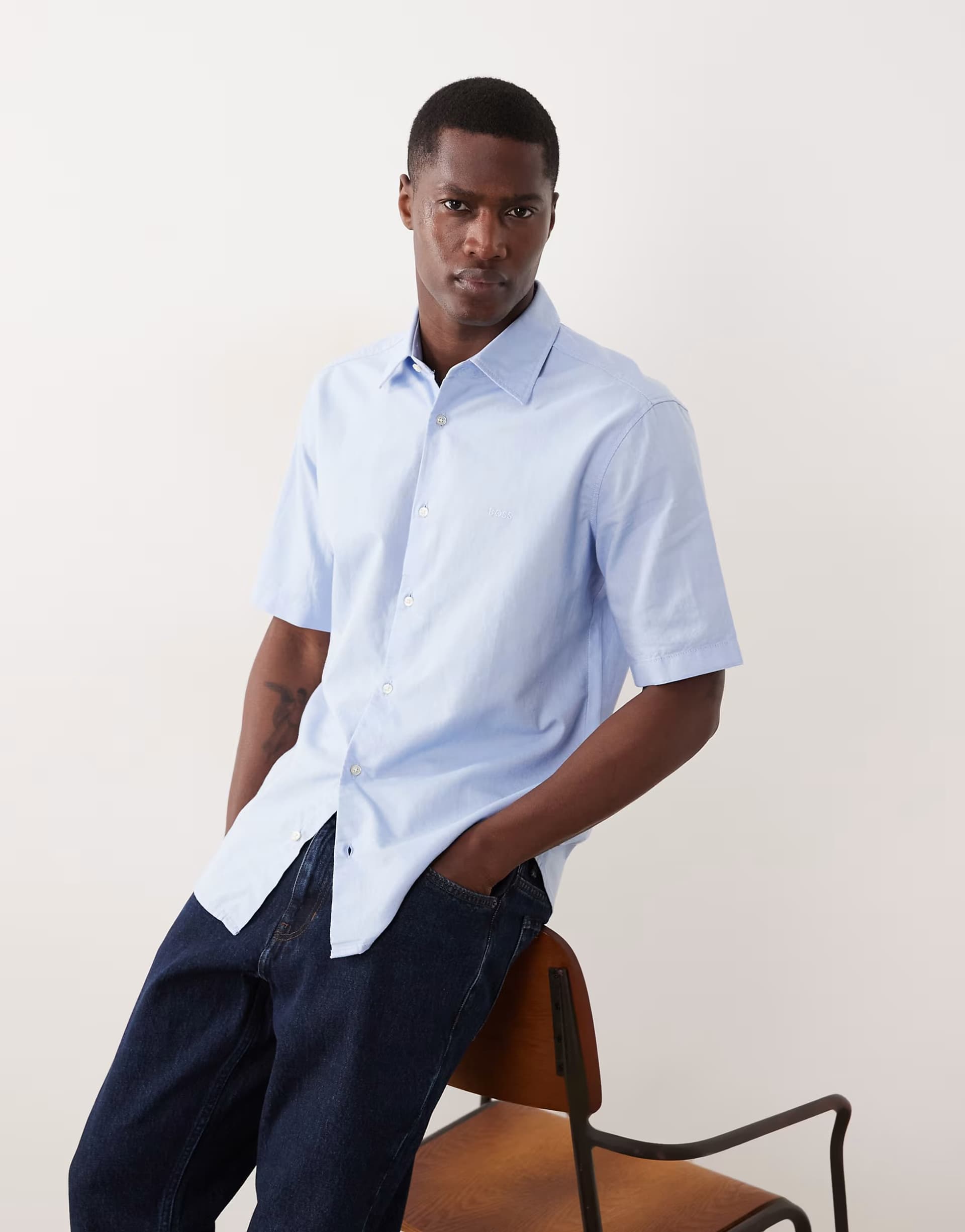 ASOS Hugo Boss Light Blue Cotton Short Sleeve Button-Up Shirt