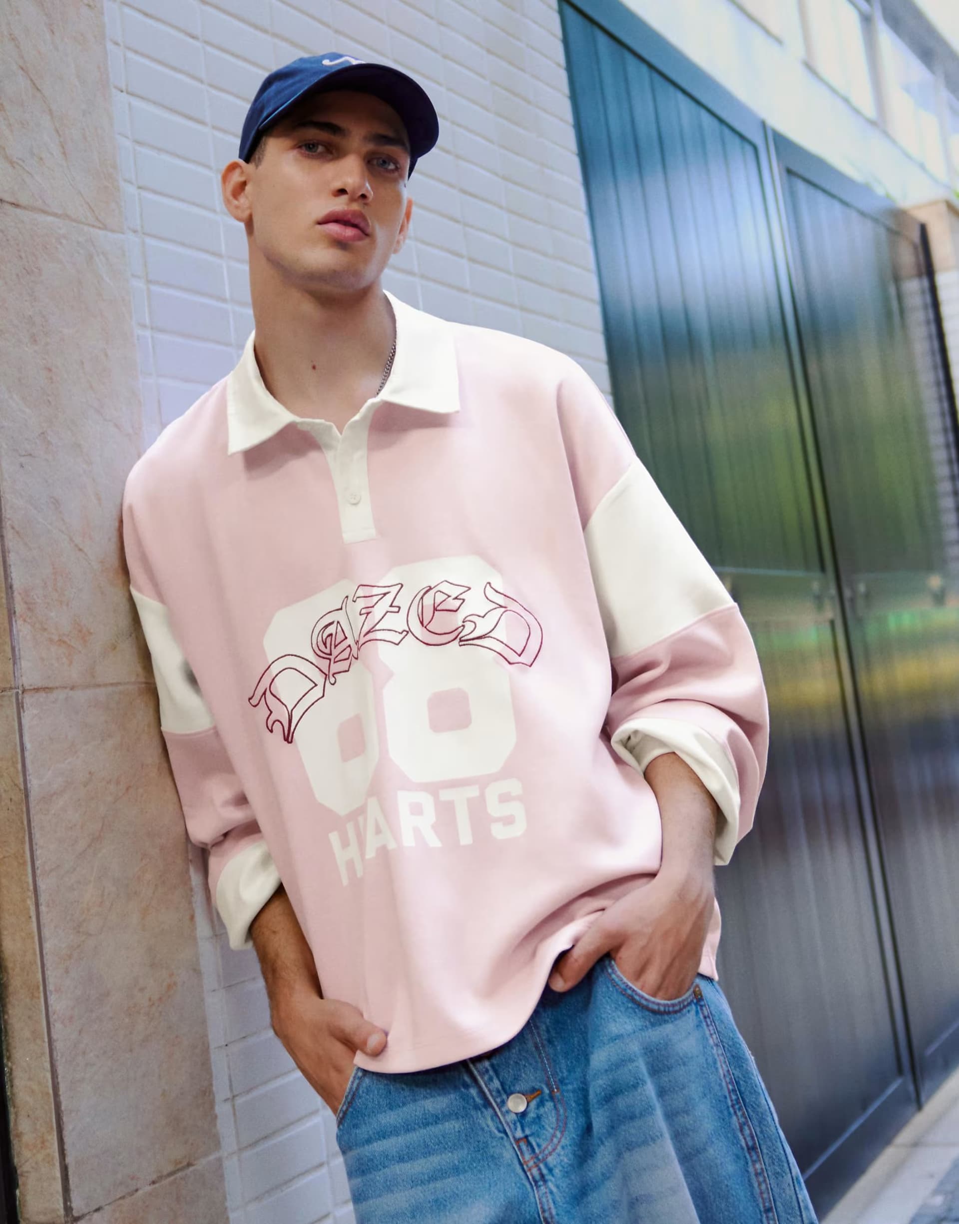 ASOS Bershka Long sleeve print polo shirt in light pink