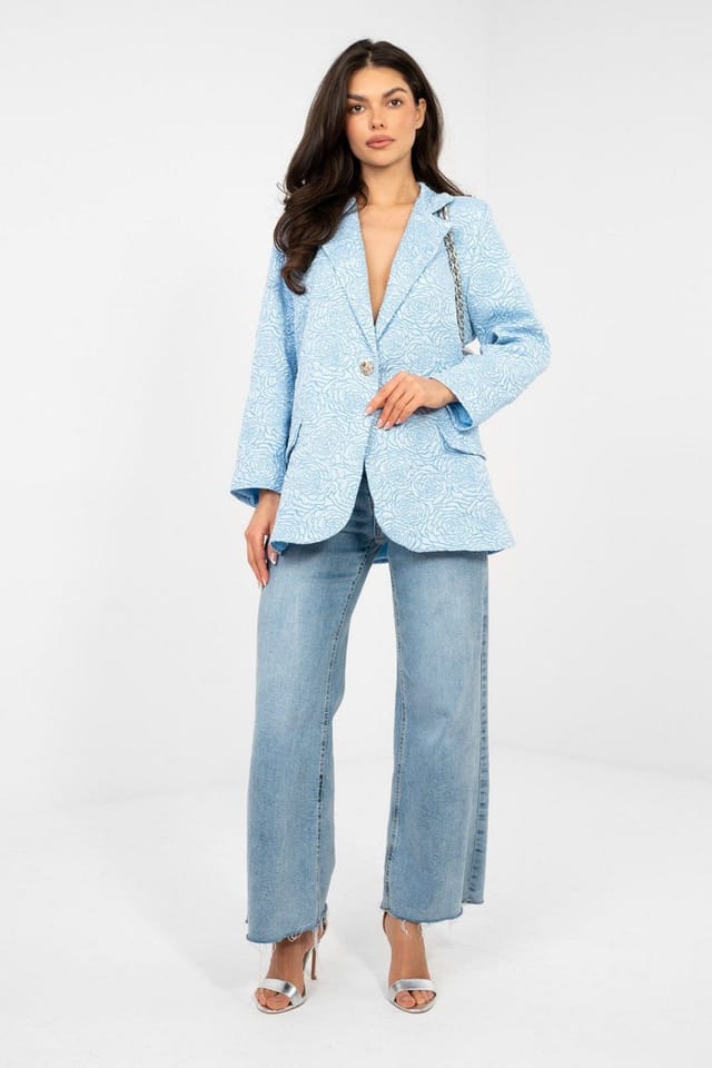 Love Lace Love Lace Women's Textured Flower Embossed Single Button Blazer in Blue - 2