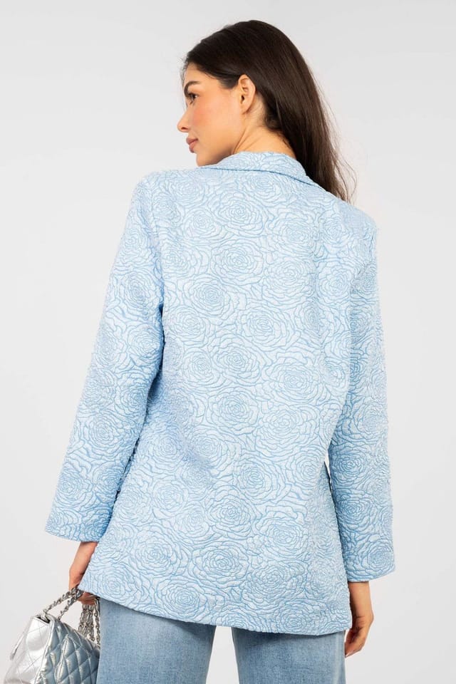 Love Lace Love Lace Women's Textured Flower Embossed Single Button Blazer in Blue - 3