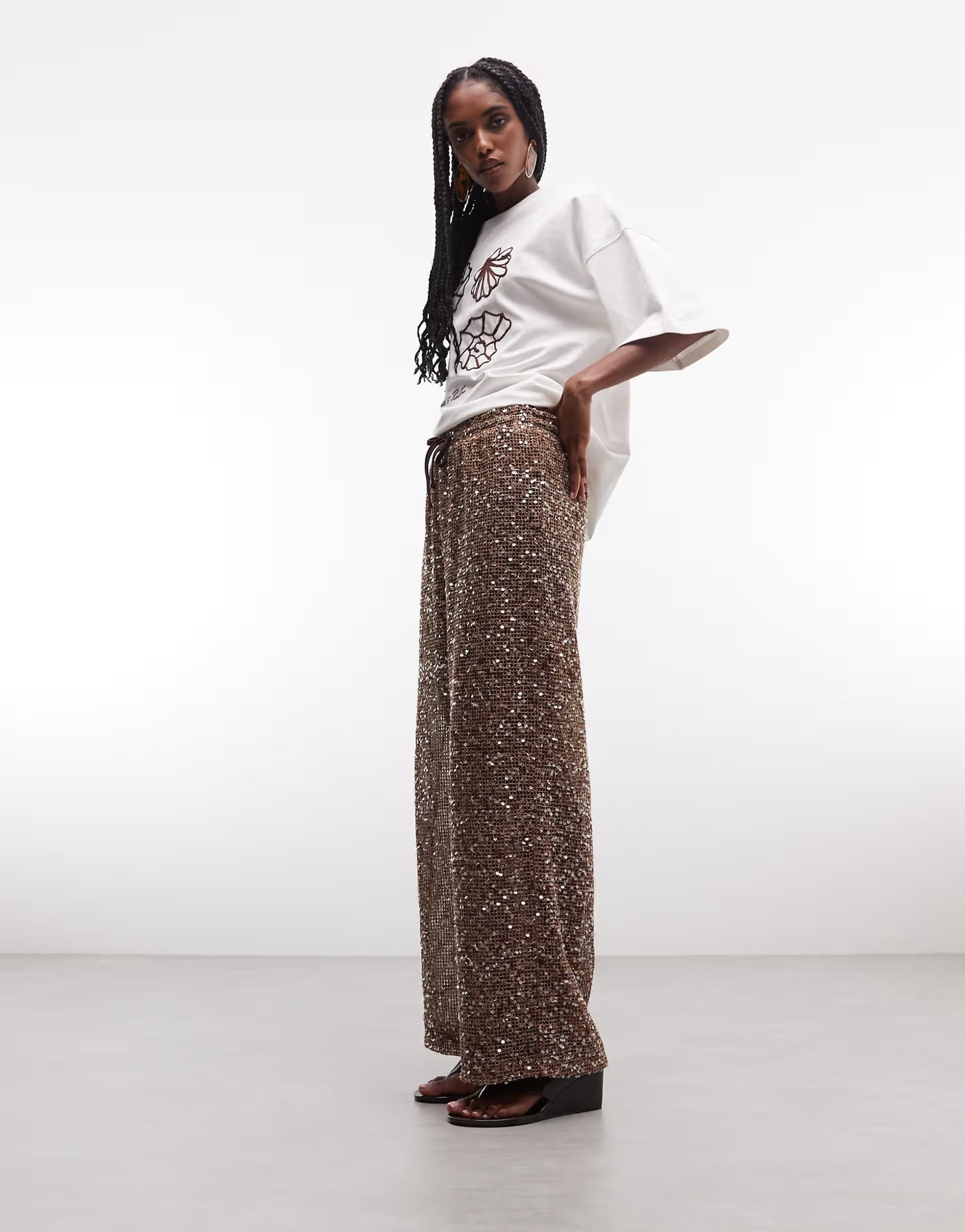 ASOS ASOS DESIGN sheer crochet sequin wide leg trouser in brown