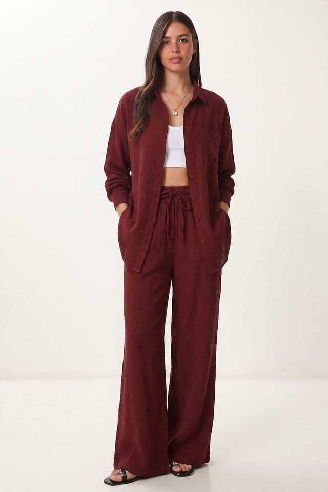 Happiness Istanbul Happiness Istanbul Women's High Waist Wide Leg Two-Piece Co-ord Set with Shirt Collar in Burgundy - 2
