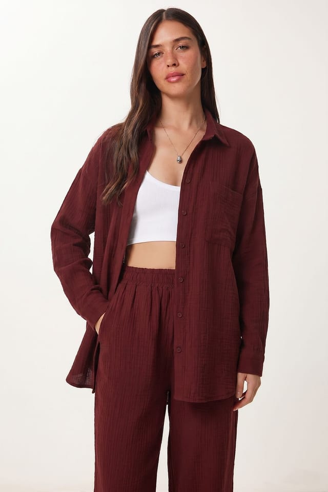 Happiness Istanbul Happiness Istanbul Women's High Waist Wide Leg Two-Piece Co-ord Set with Shirt Collar in Burgundy - 3