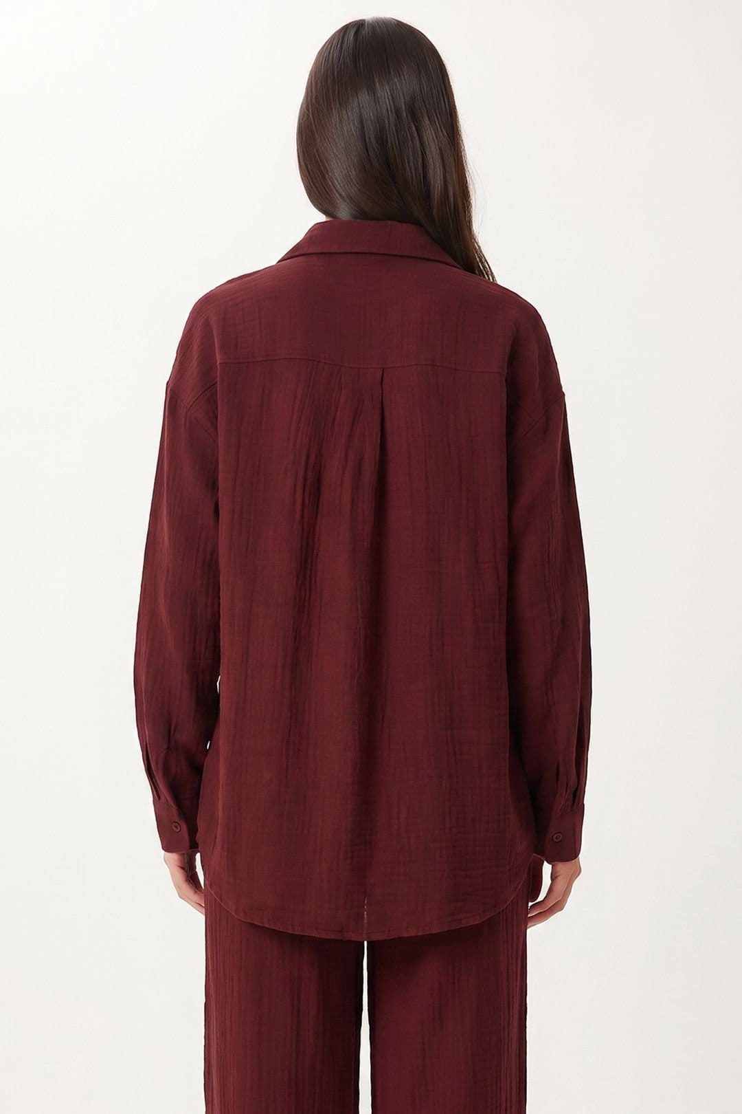 Happiness Istanbul Happiness Istanbul Women's High Waist Wide Leg Two-Piece Co-ord Set with Shirt Collar in Burgundy - 4
