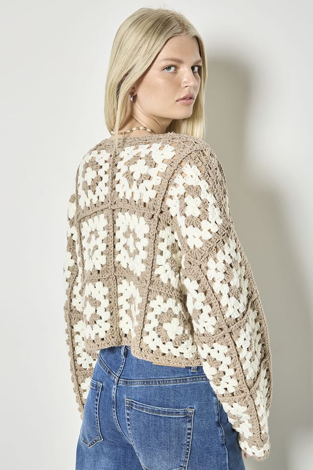 Apricot Apricot Women's Hand-Knit Crochet Squares Cardigan in Brown - 3