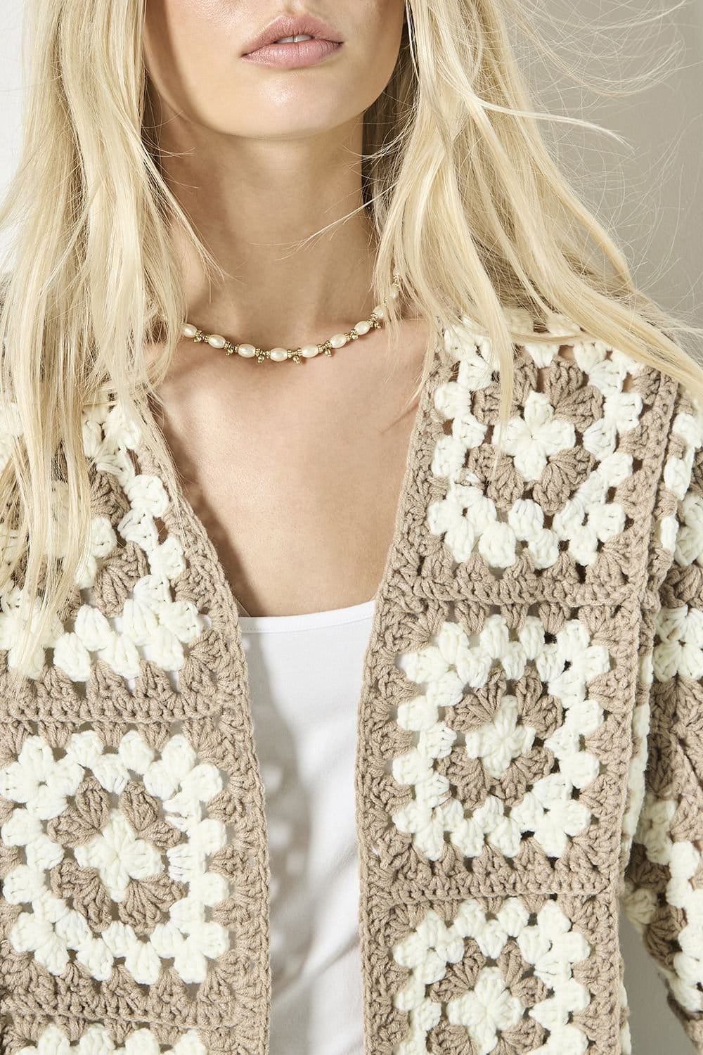 Apricot Apricot Women's Hand-Knit Crochet Squares Cardigan in Brown - 4