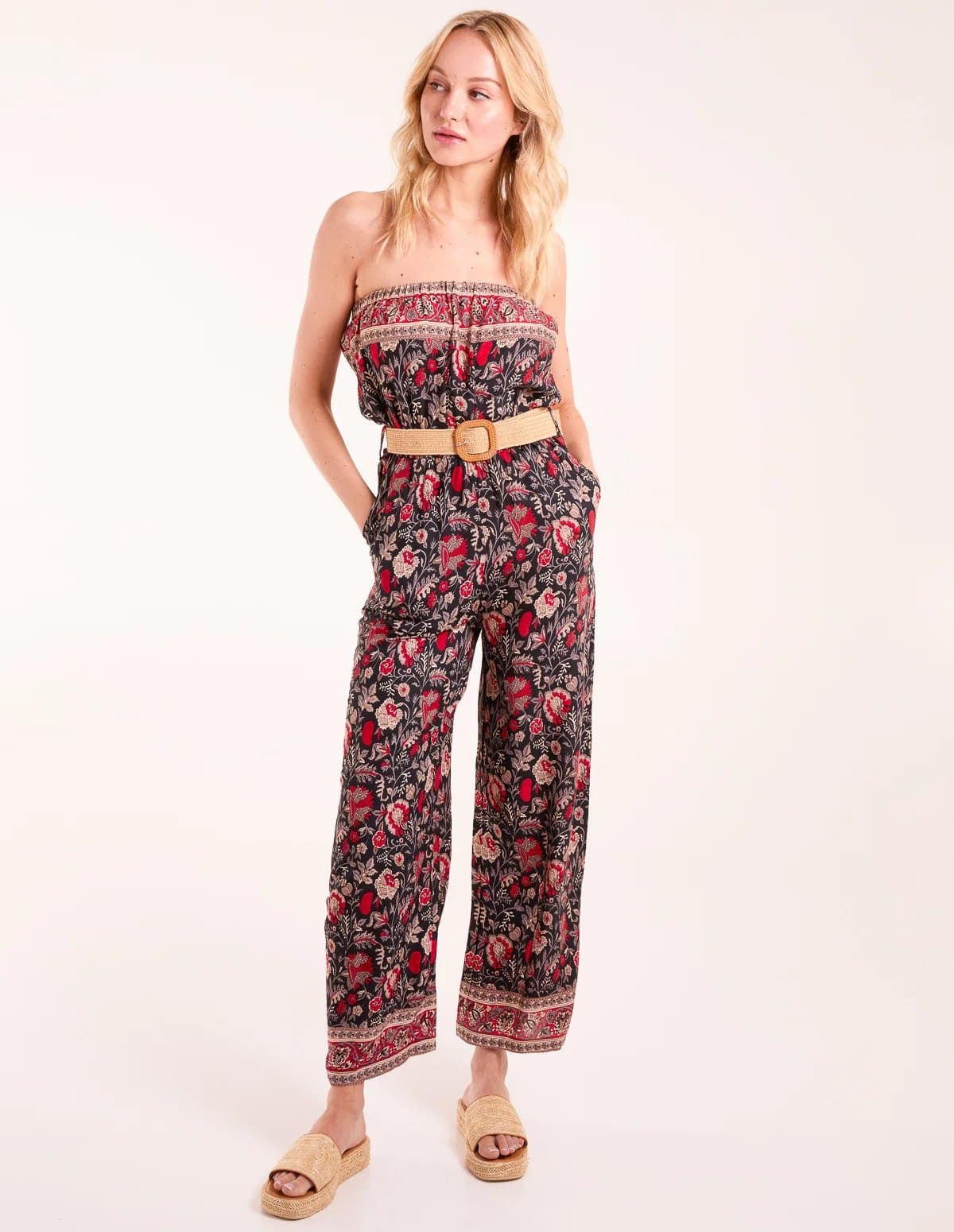 Blue Vanilla Printed Woven Belted Bandeau Jumpsuit