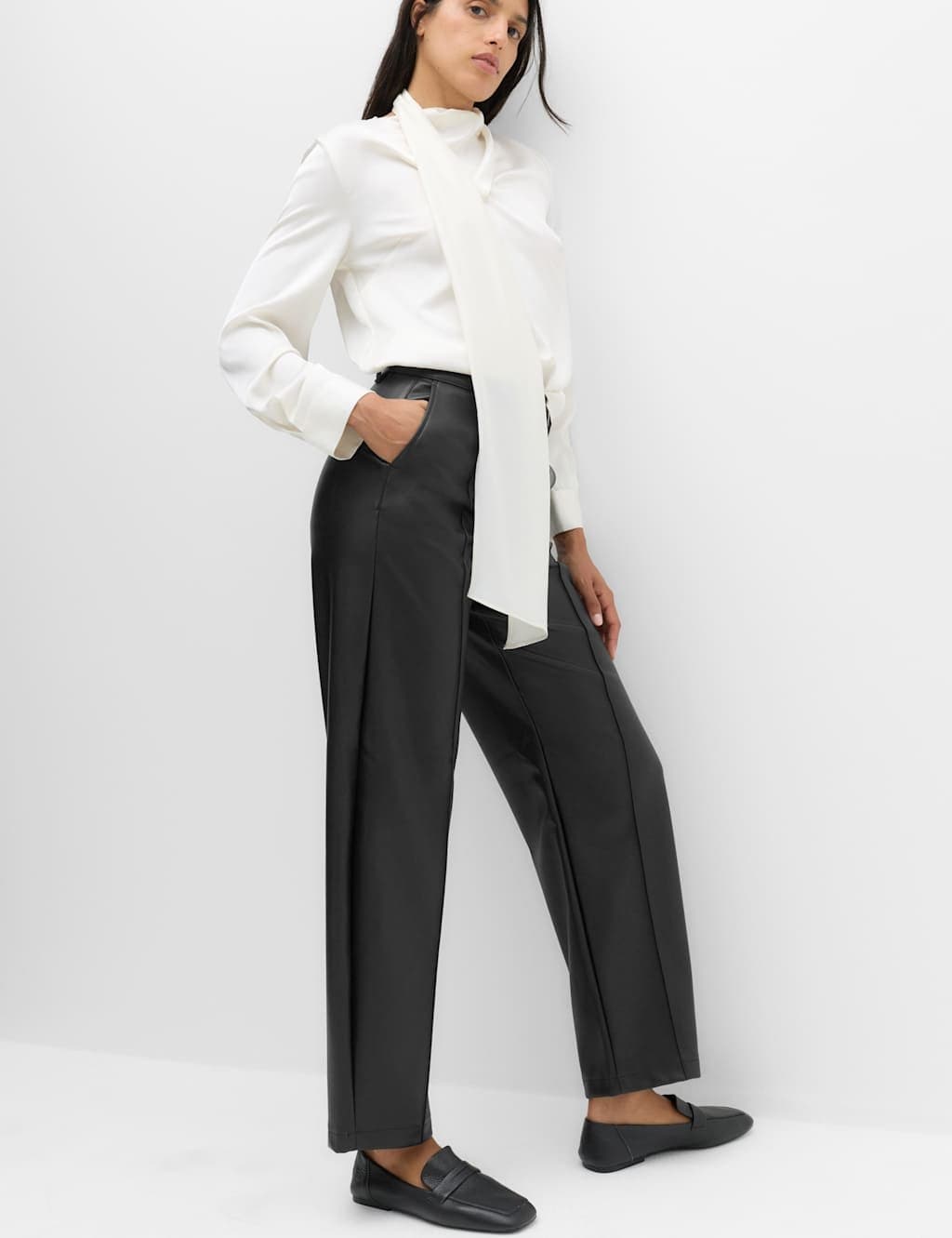 Marks & Spencer M&S Faux Leather Pintuck Barrel Leg Trousers Black