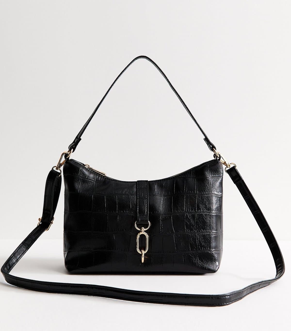 New Look Black Faux Leather Crocodile Embossed Dual Strap Mini Shoulder Bag New Look