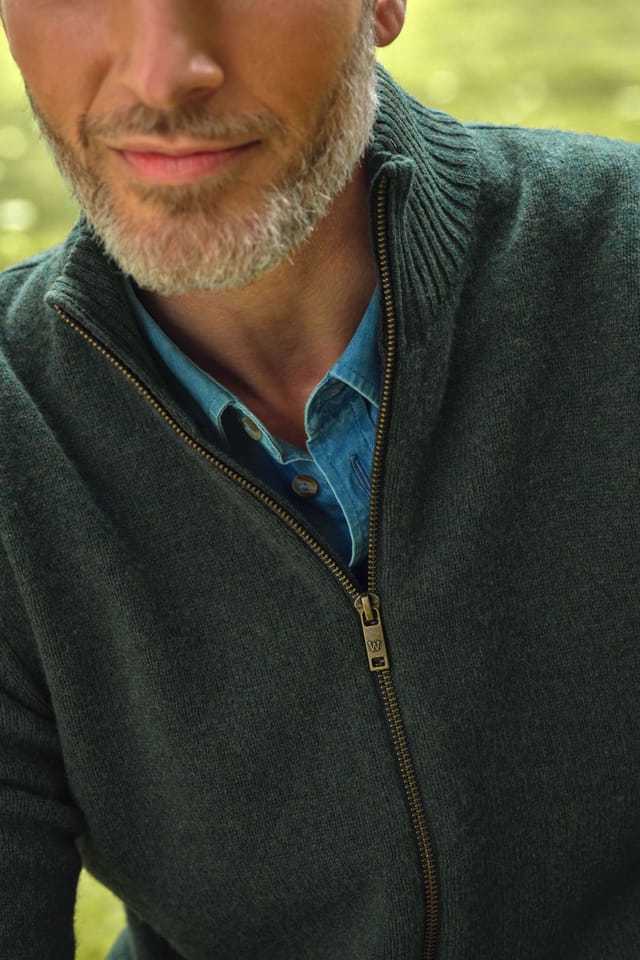 WoolOvers WoolOvers Men's 100% Wool Lincoln Zipper Cardigan in Dark Green - 2