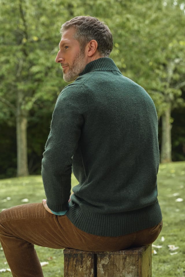 WoolOvers WoolOvers Men's 100% Wool Lincoln Zipper Cardigan in Dark Green - 3