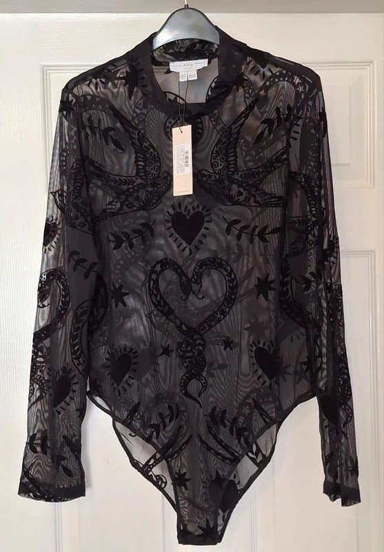 Never Fully Dressed Never Fully Dressed Gorgeous Black Shallow Romance Embossed Mesh Bodysuit - size 14