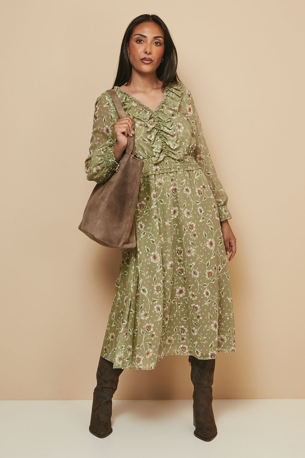 Wallis Wallis Women's Petite Floral Ruffle Midi Dress in Olive