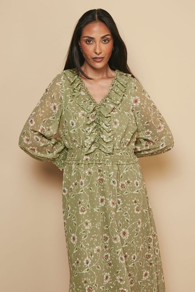 Wallis Wallis Women's Petite Floral Ruffle Midi Dress in Olive - 2