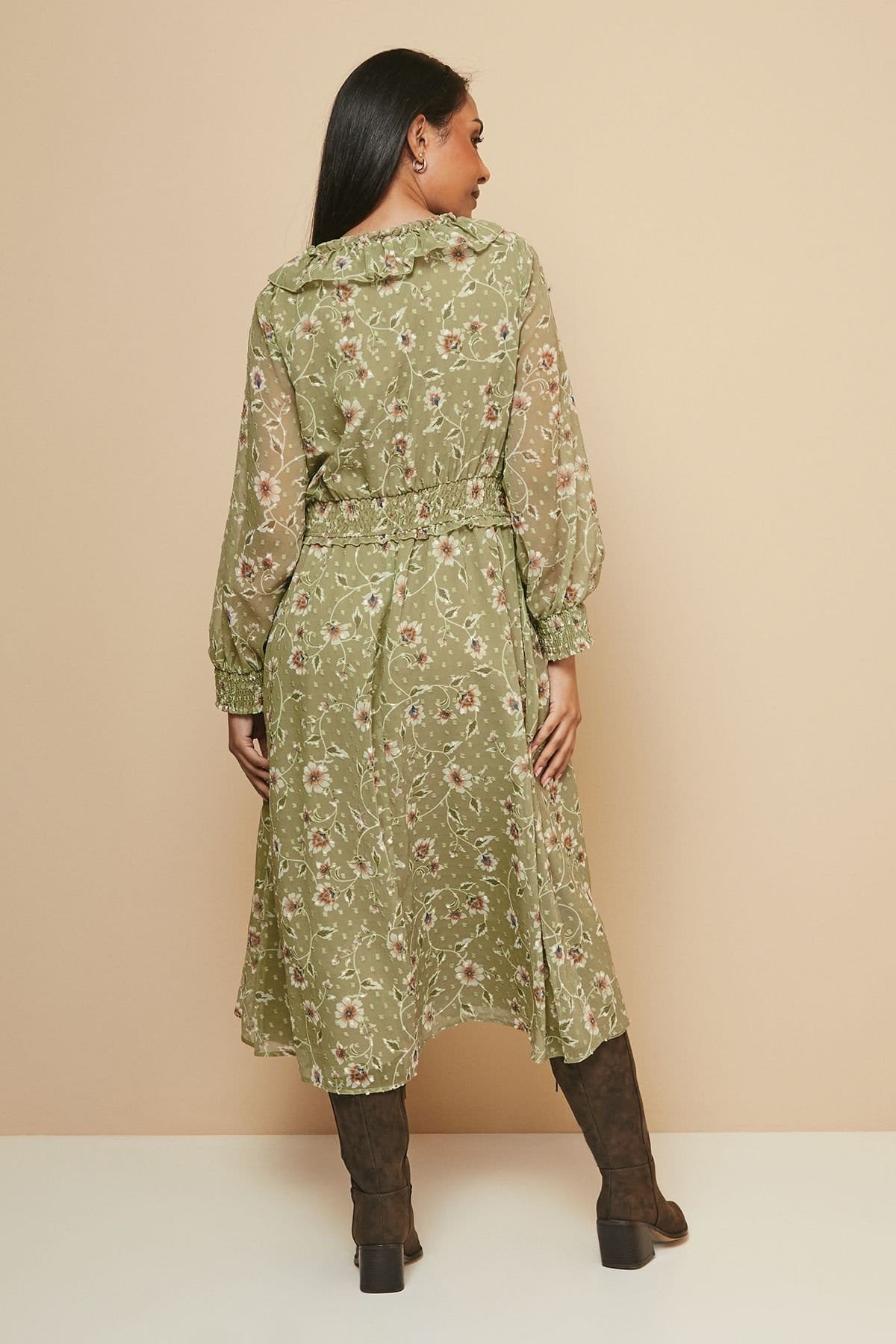 Wallis Wallis Women's Petite Floral Ruffle Midi Dress in Olive - 4