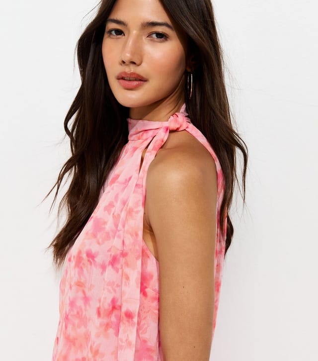 New Look Women's Pink Halter Neck Floral Chiffon Tie Mini Dress New Look - 2