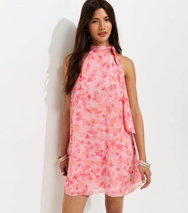 New Look Women's Pink Halter Neck Floral Chiffon Tie Mini Dress New Look - 3