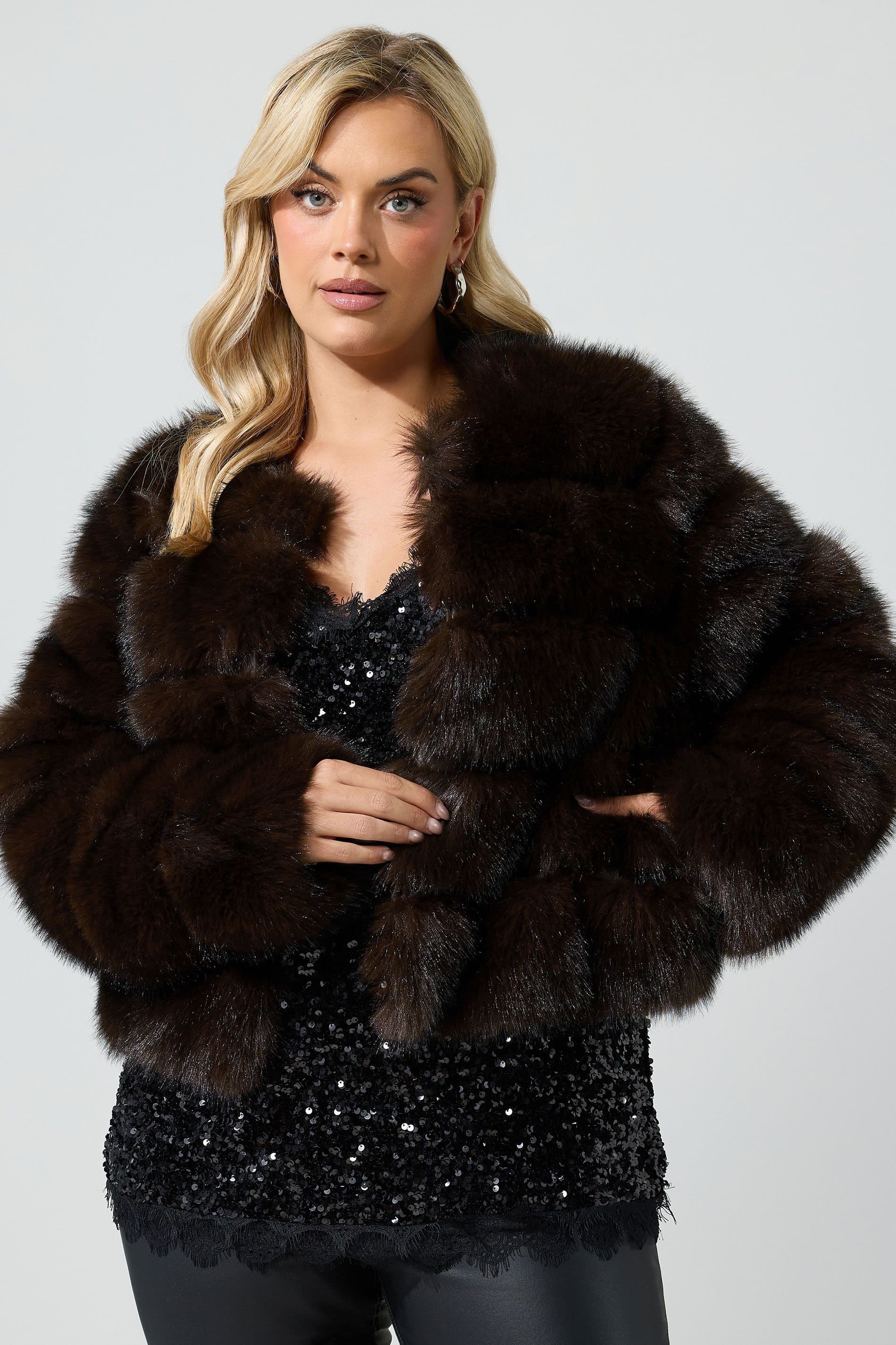Yours Yours Women's Faux Fur Panelled Coat in Chocolate
