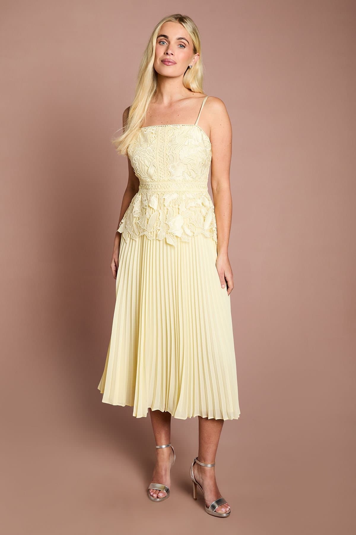 Coast Coast Women's Petite Satin Lace Pleated Midi Dress in Lemon