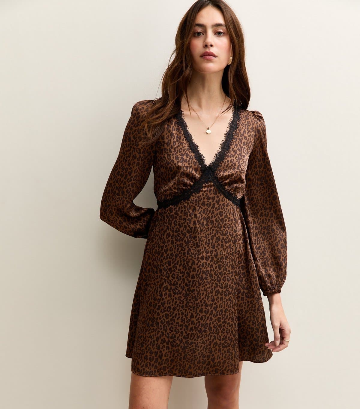 New Look Women's Brown Satin Animal Print Lace Trim Mini Dress New Look