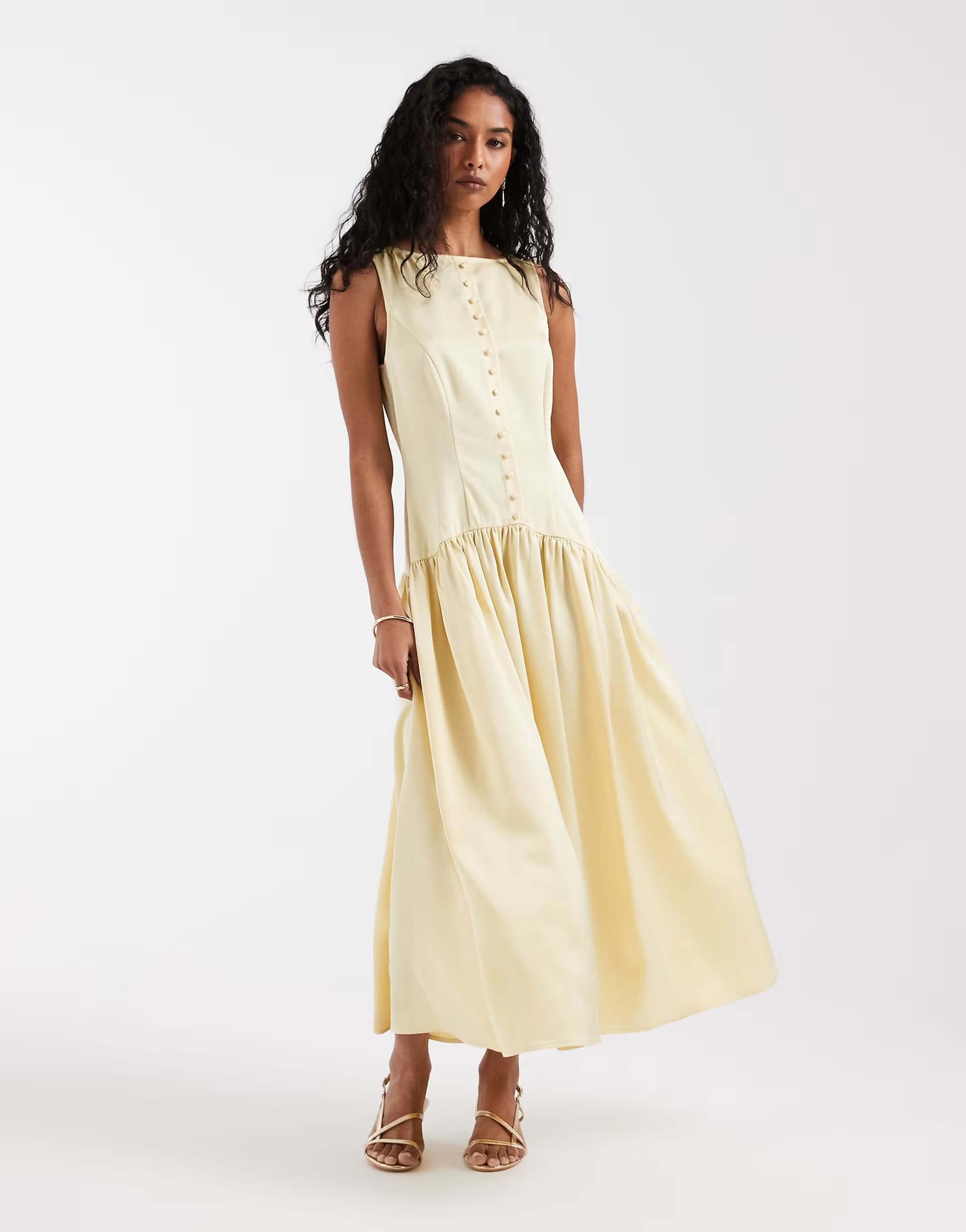 ASOS Pretty Lavish satin button down drop waist midaxi dress in lemon