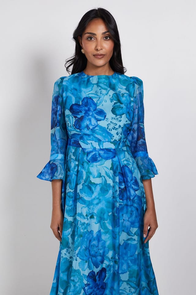Wallis Wallis Women's Petite Floral Organza Flute Sleeve Midi Dress in Turquoise - 2