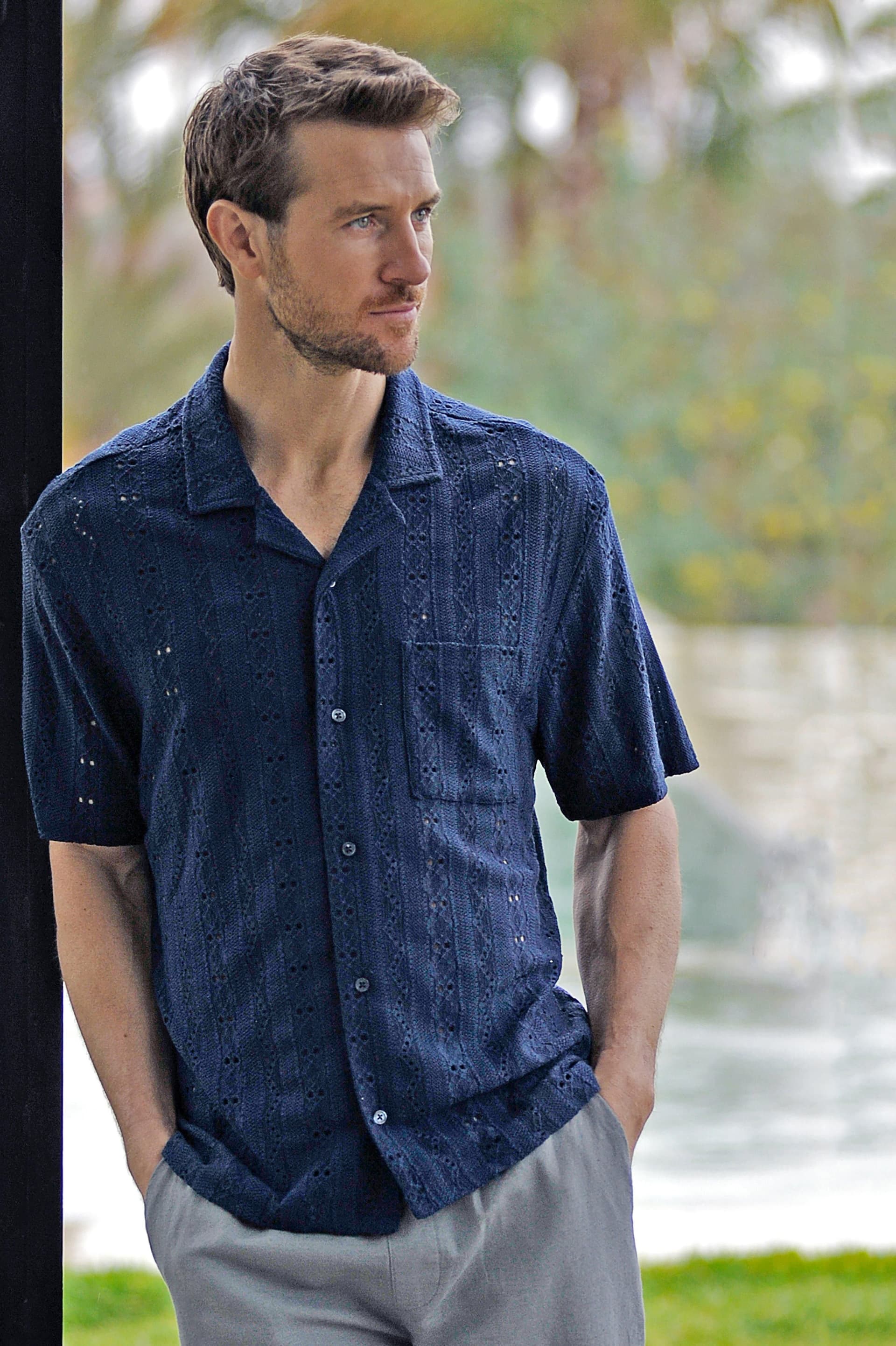Oiler & Boiler Oiler & Boiler Men's Zanzibar Crochet Knit Shirt in Navy