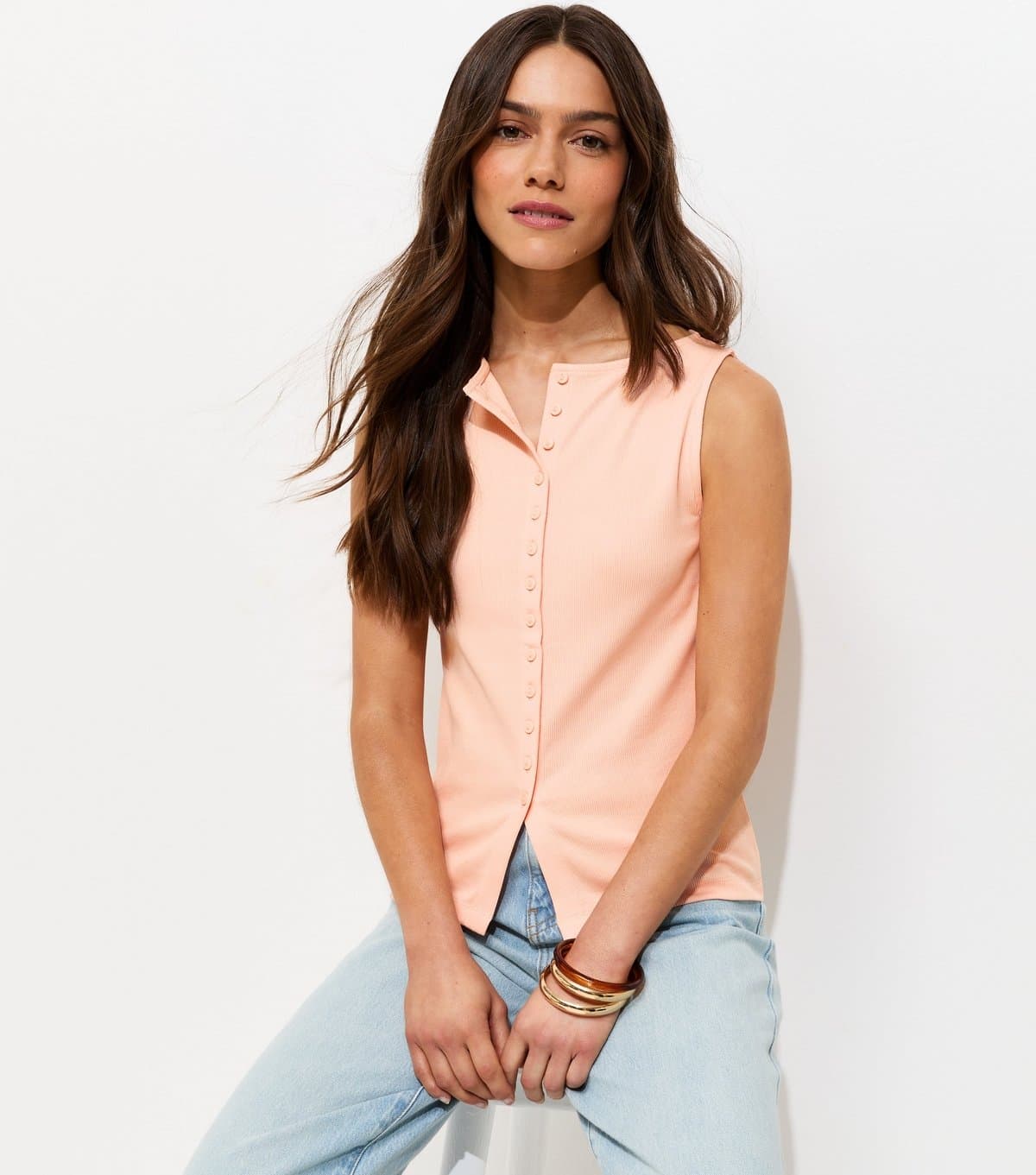 New Look Women's Petite Light Coral Button Through Tank Top New Look