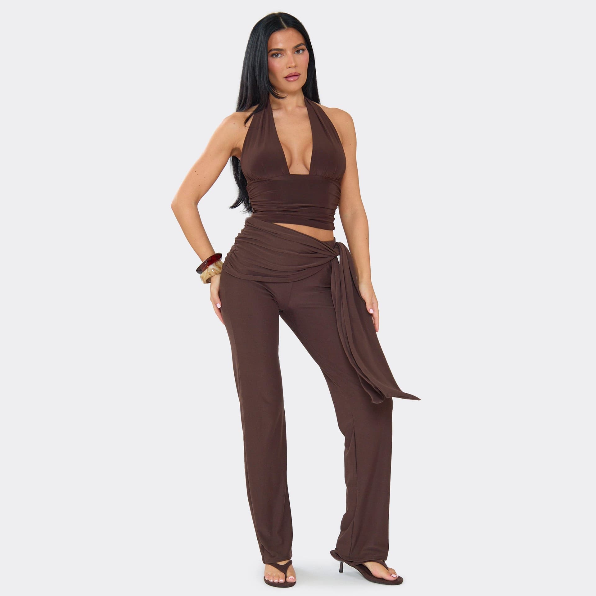 EGO Mid Rise Wrap Front Straight Leg Trousers In Brown, Women's Size UK 6