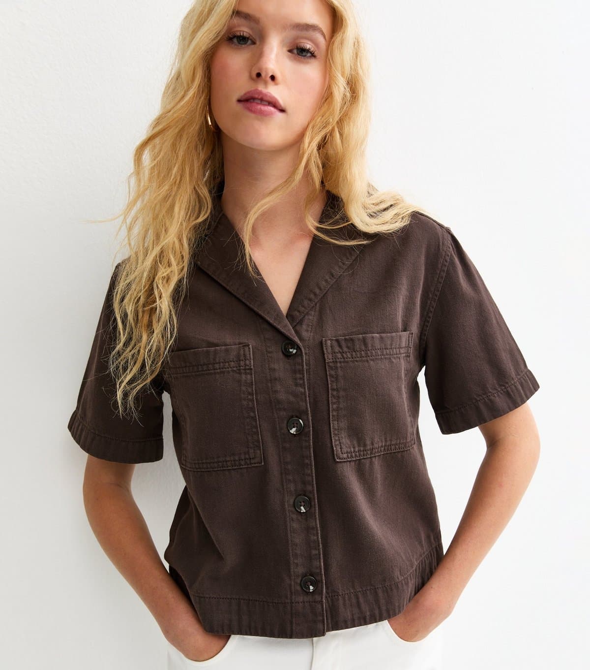 New Look Women's Brown Cotton Twill Short Sleeve Boxy Shirt New Look