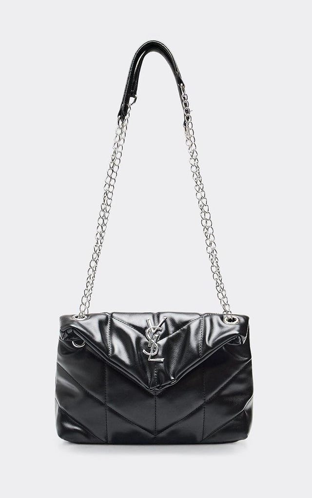 EGO Vanellope Silver Logo Detail Chain Strap Quilted Bag In Black Faux Leather, Women's Size UK 0 - 2
