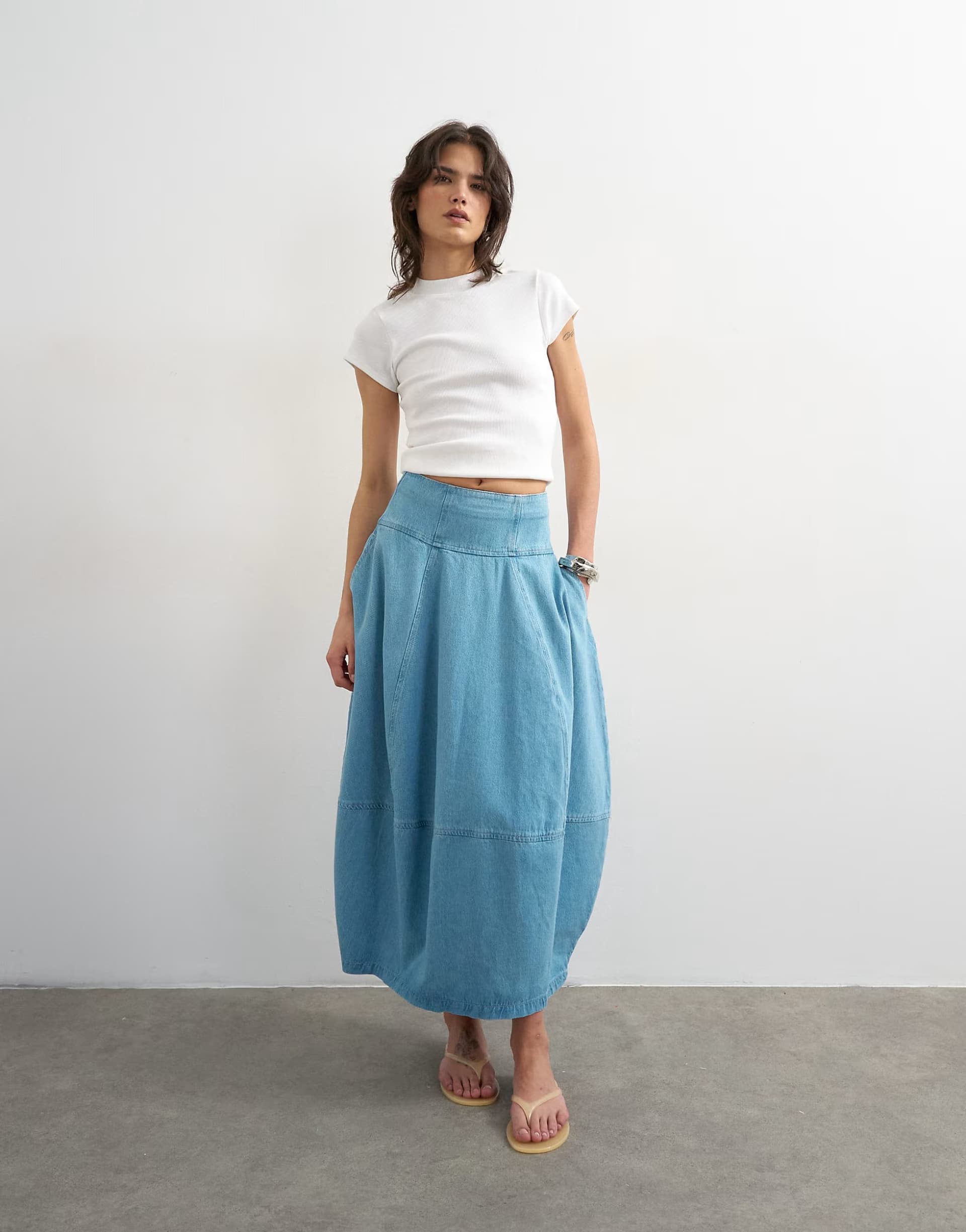 ASOS Topshop denim barrel seamed maxi skirt in bleach