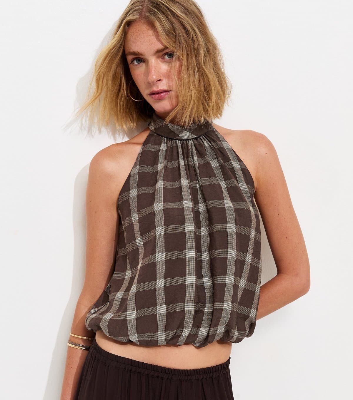 New Look Women's Brown Check Print Bubble Hem Halterneck Top New Look